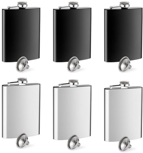6 Pack Hip Flasks for Men, 8 Oz Stainless Steel Pocket Flask with Funnels, Leakproof Portable Whiskey Flask for Camping Hiking Barbecue Party, Groomsmen Gifts(3 Black, 3 Silver)