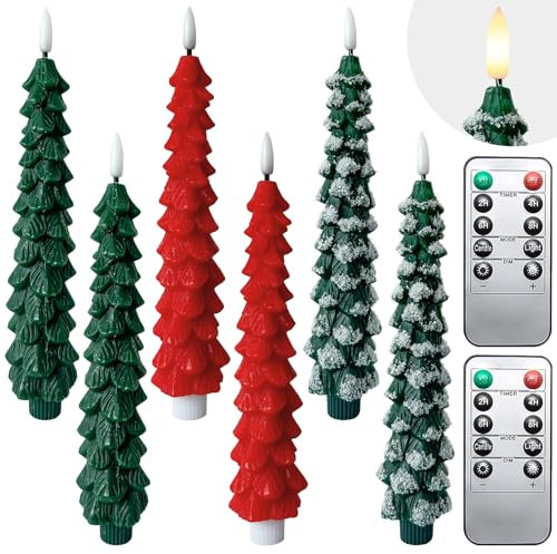 KEAGAN 6 Stück Weihnachtsbaum-Stabkerzen, flammenlose Kerzen mit Fernbedienung und Timer, Weihnachtsbaum-Kerzenständer, 3D-Docht, flackernde batteriebetriebene Kerzen, LED-Kerzen für Party-Dekoration