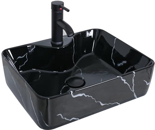 YU YUSING Lavabo Vasque à Poser Rectangulaire en Céramique avec Ensemble de Robinets, Lave-Mains, pour Salle de Bain, Cuisine, WC d'invités, Noir Moderne, 48 x 38 x 13.5 cm