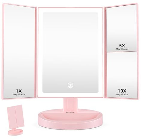 Auxmir Schminkspiegel mit Beleuchtung, 10X/5X/1X Kosmetikspiegel Vergrößerungsspiegel mit Licht & 3 Lichtfarben, Faltbar Spiegel mit Beleuchtung und Dimmbar LED Licht, USB Wiederaufladbar, Rosa