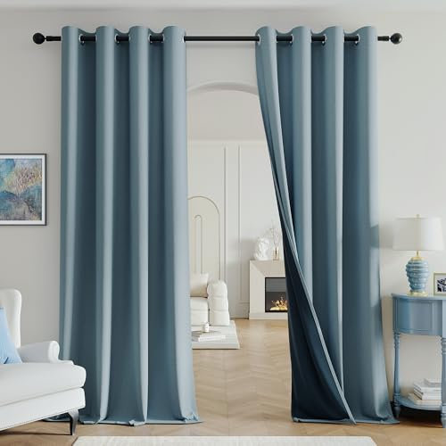 Beauoop Blackout Curtains for Living Room Blue Curtains 90 Drop Herringbone Textured Eyelet Curtain for Bedroom Thermal Insulated Noise Reducing Window Curtain Drapes 2 Panels