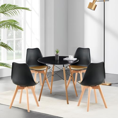 H.J WeDoo Esstisch mit 4 Stühlen Esszimmergruppe, Essgruppe Rund Küchentisch und 4er Set Esszimmerstühle Sitzgruppe für Küche Esszimmer Wohnzimmer(Schwarz Tisch+4 Schwarz-Gold Stühl)