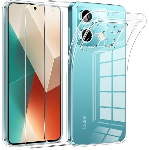 Phoona Funda para Xiaomi Redmi Note 13 5G Carcasa con 2 Piezas Cristal Templado,Transparente Silicona TPU Protección Funda para Redmi Note 13 Anti-Choques y Anti-Arañazos Caso