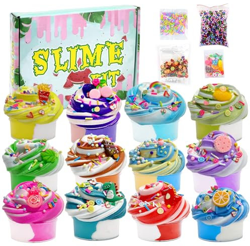 Yoyika 12pcs Fluffy Butter Slime Set, Kit Slime 50mL per Bambini, Decorazioni per Gelati con Dolci e Frutta,DIY Butter Slime Morbidi e Non Appiccicosi, Giocattolo Antistress Regalo per Ragazze Ragazzi