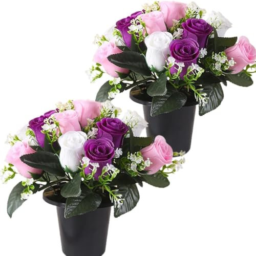 JUTTAUTO 2pc Artificial Grave Flowers In Pot 12 Heads Silk Rose Funeral Cemetery Floral Bouquet with Vase for Outdoor Memorial Floral Decorative Graveside Ornaments Home Christmas Decoration