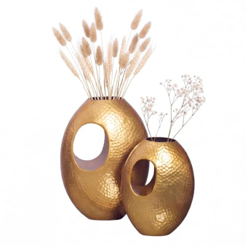 FineBuy Vase 2er Set Aluminium Gold mit Tragegriff, Blumenvase | Dekovasen in Hammerschlag-Optik, Tischvasen handgefertigt, Wohndeko für Wohnzimmer, Sideboard und Esstisch
