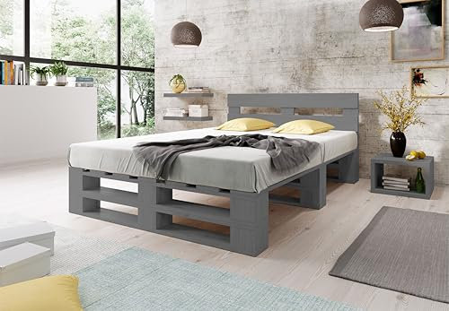 Lermowood Palettenbett M2 aus Holz 140 x 200 cm Grau mit Kopfteil Holzbett 30cm Stabiles Seniorenbett Kinderbett Jugendbett Gästebett erhöhtes Einzelbett Bettgestell Futonbett Komforthöhe Naturholz