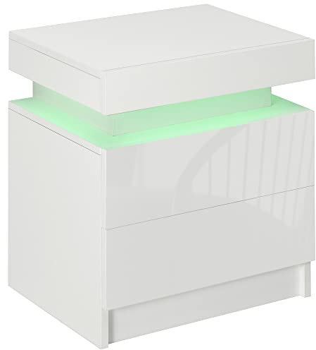 HOMCOM Table de Chevet, Table de Nuit, avec lumière LED RVB, 2 tiroirs, façade du tiroir Haute Brillance, pour Salon, Chambre à Coucher, Blanc