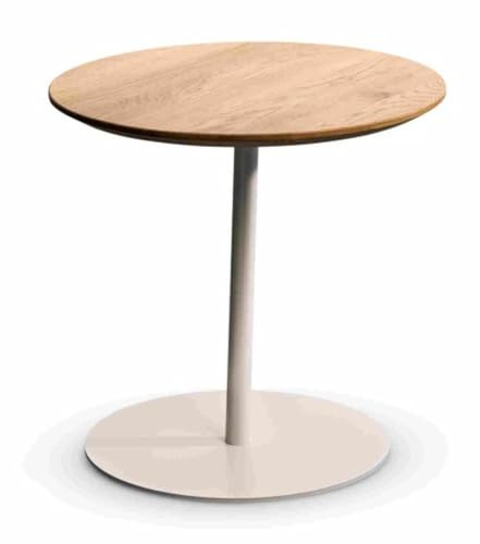 möbelando Beistelltisch >Lea< Edler runder Beistelltisch, Massivholz-Tischplatte aus Wildeiche, cremeweißem Metallgestell, Schweizer Kante – stabil, stilvoll und vielseitig einsetzbar, 49x50cm (HxD)