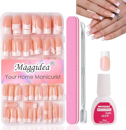 Press on Nails French Tip - 240Pcs Long Square False Nails Kit with Strong Glue - Acrylic Full Cover Nails Set for Women Girls - 15 Sizes Natural Nude Color Nail-Tips DIY Manicure