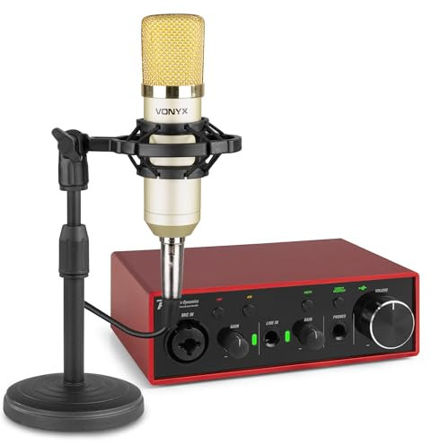 Vonyx CM400 Podcast Mikrofon Set mit Audio Interface – Kondensator-Mikrofon + PDX11 USB Audiointerface – für PC, Streaming, Gaming, ASMR, Gesang, Podcast - Recording-Equipment - Gold