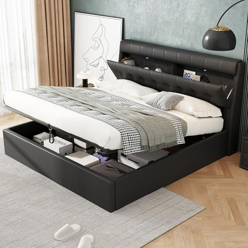 Miyemo Ottoman Double Bed with Storage, 4ft6 Upholstered Bed Frame with Concealed Headboard and Bed Box Storage, PU, Slats, Black, 135 x 190 cm, Without Mattress