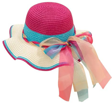 FOSDICK Kids Straw Hat, Summer Beach Straw Hat with Lace Bow, Girls Sun Hats with Ribbon, Foldable Sun Protection Hats for Holiday Outdoor Activities Yellow