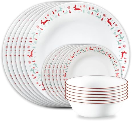 Corelle Vitrelle 18-Piece Christmas Service for 6 Dinnerware Set, Triple Layer Glass and Chip Resistant, Lightweight Round Holiday Plates and Bowls Set, Be Merry