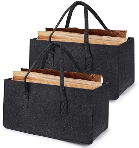 2 StückTasche aus Filz – Großer Filzkorb 50×25×25 cm für Kaminholz oder als Shopper verwendbar– Faltbare Filztasche & Einkaufskorb Filz – Kaminholzkorb im leichten & kompakten Design,Grau
