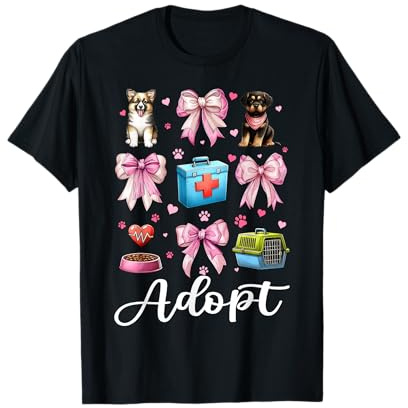 Adopt Dog Rescue Adoption Girl Mom Coquette Bow Rose T-Shirt