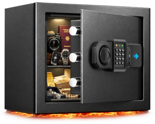 [Upgraded] 25L Safe Tresor Feuerfest für Zuhause, Digitale Safe mit Ersatzschlüssel, Abnehmbarem Regal und Alarmanlage, Klein Tresore mit Zahlenschloss für Bargeld Wichtiger Dokumente