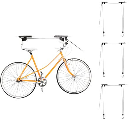Relaxdays Set of 4 ceiling mount bike storage, up to 20 kg, 4 m ceiling height, with pulley, for the shed or garage, black