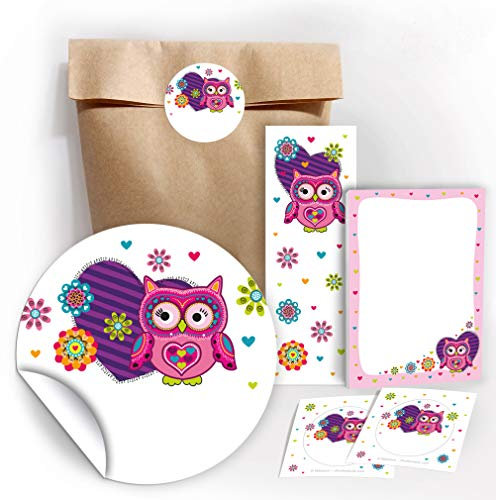 JuNa Party-Experten 12 Geschenktüten/Natur + 12 Aufkleber + 12 Lesezeichen + 12 Mini-Notizblöcke Eule/Mitgebsel Gastgeschenk für Kinder Mädchen beim Kindergeburtstag Geburtstag Hochzeit Taufe