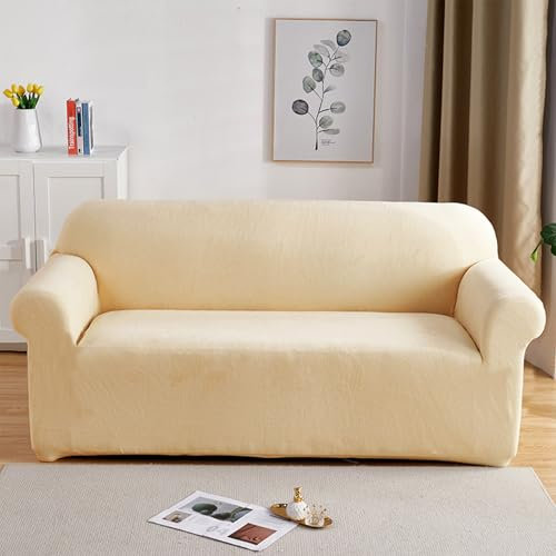 PETCUTE Copridivano elasticizzato 3 posti Fodere per divano in velluto Copridivano spesso copri divano Crema