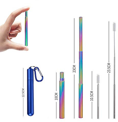 APIKA Pailles télescopiques réutilisables - Pailles à Boire Portables en Acier Inoxydable avec Brosse de Nettoyage, étui et Mousqueton(Bleu+Paille Arc-en-Ciel)