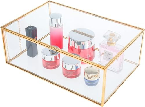 Homtone 27.5cm Golden Vintage Glasbox Terrarium Retro Schmuckkasten, Groß Transparent Glass Schmuck Storage Organizer für Hochzeit Geburtstagsfeier Dekor