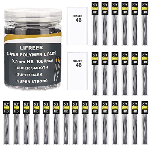 Lifreer 0.7 Lead Refills (1080 Pcs), Unbreakable 0.7 mm Lead Refills and 2 Premium Erasers, Long Lasting HB Pencil Lead 0.7 Refill,Mechanical Pencil Lead 0.7mm for Students & Professionals