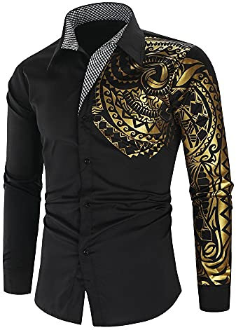 WUGDSQGH Herren Blumen Hemd Langarm Personalisiert Bedruckt - Herbst Slim Fit Gold Schwarz Social Club Abschlussball, Schwarz, M