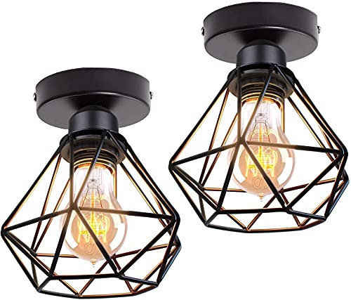 TOKIUS 2 pezzi Plafoniera vintage E27 Lampadario Soffitto Industriale Metallo Gabbia ferro Nero per Corridoio Portico Camera da Letto