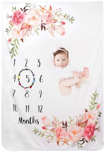 TRASUN Baby Meilenstein Decke Monats Decke,Neugeborene Junge oder Mädchen Monatliche als Foto Hintergrund mit Meilenstein, Babydecke mit Blumenmuster, Mit Kranz,130x100cm