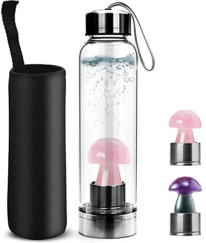 Tyuodna Crystal Water Bottle with Mushroom, Natural Crystal Gemstone Glass Bottle,Removable Crystal Water Bottle Portable Leak Proof Crystal Mushroom Water Bottle 550ml (Pink)