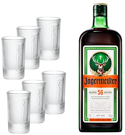 Jägermeister Set – 1 x 6er Set Shotgläser 4cl und 1 x 1,75l Premium Kräuterlikör 35% Vol. mit integrierter Ausschankhilfe für den perfekten Party Shot – Das Original aus Wolfenbüttel
