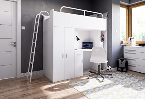 Marlux-Meble Hochbett Kinderbett JSM-4 80x190 mit Kleiderschrank Schreibtisch und Leiter Matt Kinderbetten Funktionsbett Etagenbett Stockbett Kinderhochbett Jugendhochbett (Weiß Matt)