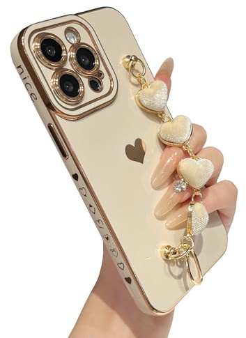 Caseative Cute Plating Love Heart Wrist Strap Chain Bracelet Soft Compatible with iPhone Case for Women Girls
