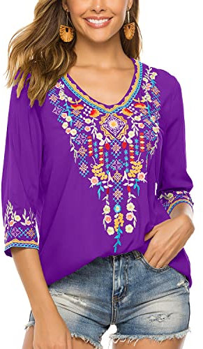 Seasonal Maglietta Estiva da Donna con Ricamo, Camicia Ricamata, Scollo a V, Maniche a 3/4, Top a Tunica, da Donna,054-Viola,L