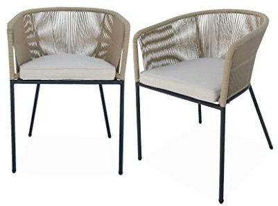 Alice's Garden - Lot de 2 fauteuils de Jardin en Corde Beige et Acier galvanisé. Coussin Beige