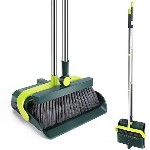 HEVOL Escoba y Recogedor Plegables, Recogedor y Escoba Plegables con Mango Largo, Cabeza Giratorio 180°, Cepillo Barrer para Interiores y Exteriores - Verde