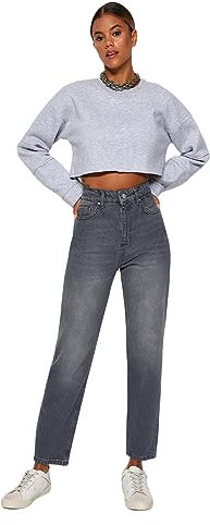 TRENDYOL Damen Gerade Mama Hohe Taille Jeans, Grau, 44