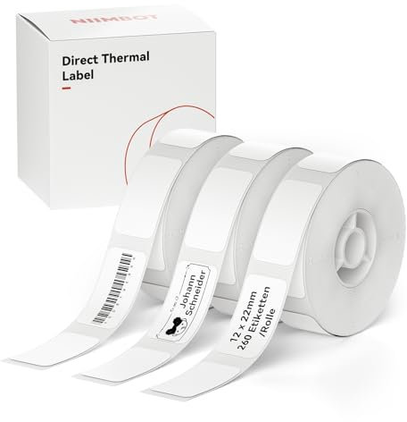 NIIMBOT Thermo Etiketten Selbstklebend, 12 x 22mm Etikettendrucker Thermopapier Kompatibel mit dem D110 D11 D101 Etikettendrucker, 260 Etiketten/Rolle (3-Rollen-Pack, Weiß)