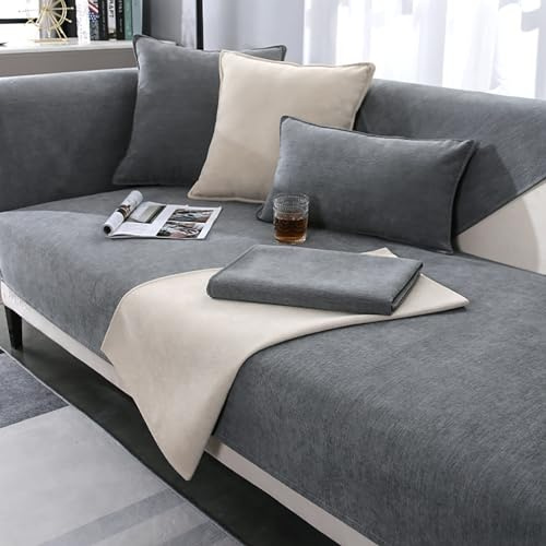 JJRETGY Chenille Sofabezug 1-4 Sitzer, Ecksofa L Form Überwurf, Rutschfester Warmer Super Weicher Bezug, Waschbar für Haustiere (Grau, 70x210cm)