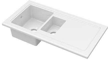 Balterley Ceramic Kitchen Sink with Drainer & Overflow Hole, 101cm Bowl Inset Fireclay White Kitchen Sink, 1.5 Double Bowl Reversible Ceramic Sinks with Plain Drainer - 1010 x 525 x 235mm (White)