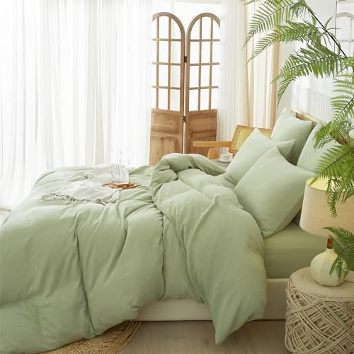 Gezu Muslin Bettwäsche 200x200 100% Natur Baumwolle Muslin Bettwäsche-Sets Leinen Set Bettbezug mit 2 Kissenbezüge 80x80cm Sehr Atmungsaktiv Bequem Bettwäsche Lakritzgrün mit Reißverschluss