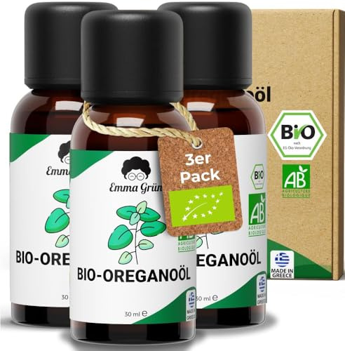 Emma Grün® Bio Oregano [100% Naturrein] - Oregano Oil mit +82% Carvacrol - Zertifiziertes Lebensmittel - Oreganoöl Bio 3x 30ml - Ätherisches Öl Hochdosiert aus Griechenland - Öl Ätherische Öle