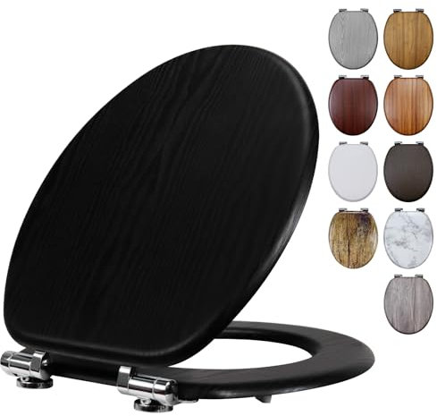 Fanmitrk Black Wooden Toilet Seat with Soft Close Adjustable Solid Hinges, MDF Wood Oval Toilet Seat (MDFP0143)