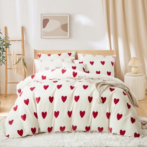 Covebett Flanelle Housse de Couette 200x200 Cœur Rouge Blanc Amour Hiver Chaude Parure de lit Polaire Peluche Réversible Linge de Lit Adulte 2 Personnes Fermeture Éclair + 2 Taie d'oreiller 65x65cm