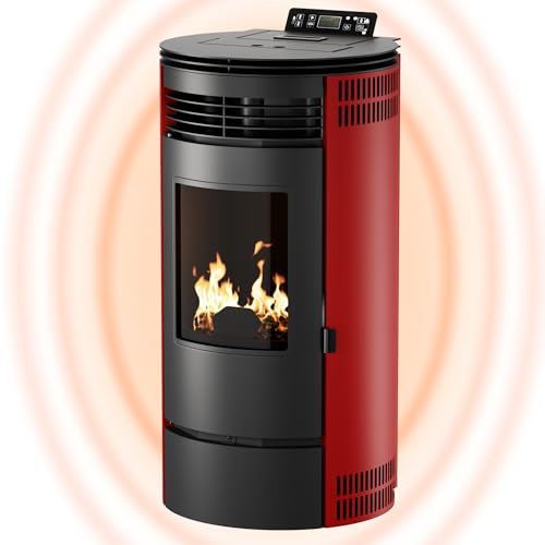 UMBRELLA® PR8 Pelletofen 9 kW bis 220m³ – Elektrokamin mit ECO-Modus, Wi-Fi Ready, Wochen-Timer & Überhitzungsthermostat für effizientes Heizen – Rot
