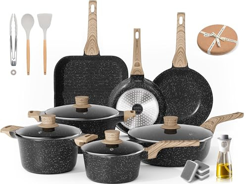 RIOVARM Induktion Töpfe und Pfannen Set mit Deckeln Granit Antihaftbeschichtung Kochgeschirr-Set mit Grillpfanne Küche Essentials Set Bratpfanne Kochtopf Sauteuse Soßenpfanne Spatel
