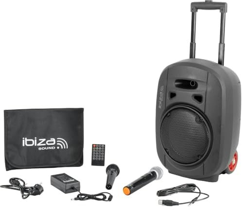 Ibiza - PORT8UHF-MKII-TWS - Altavoz portátil de 8/400 W MAX con 1 micrófono con cable y 1 micrófono UHF, mando a distancia y maletín de transporte - Bluetooth, USB, SD y TWS - 6-8 horas de autonomía