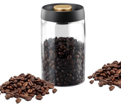 Kaffeedose luftdicht für Kaffeebohnen mit Vakuumdeckel (Behälter für Kaffee, Tee, Edelstahl Dose zur Aufbewahrung mit Aromaverschluss, Vorratsdose für ca. 500g Kaffee) Schwarz Matt&Glass (900 ml)