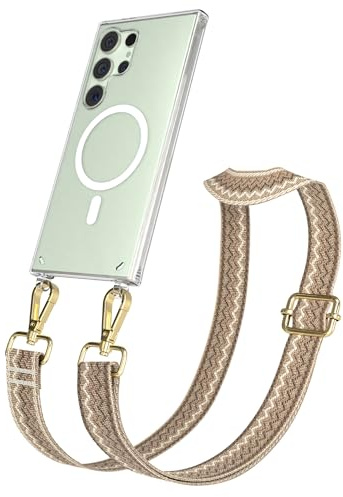 EAZY CASE Handykette - Verstellbares Taschenband kompatibel mit Galaxy S24 Ultra, Schulterriemen, Handykordel Silikon Case, Qi Charging kompatibel, Umhängetasche, Wellen - Hell Braun Braun Metall Gold